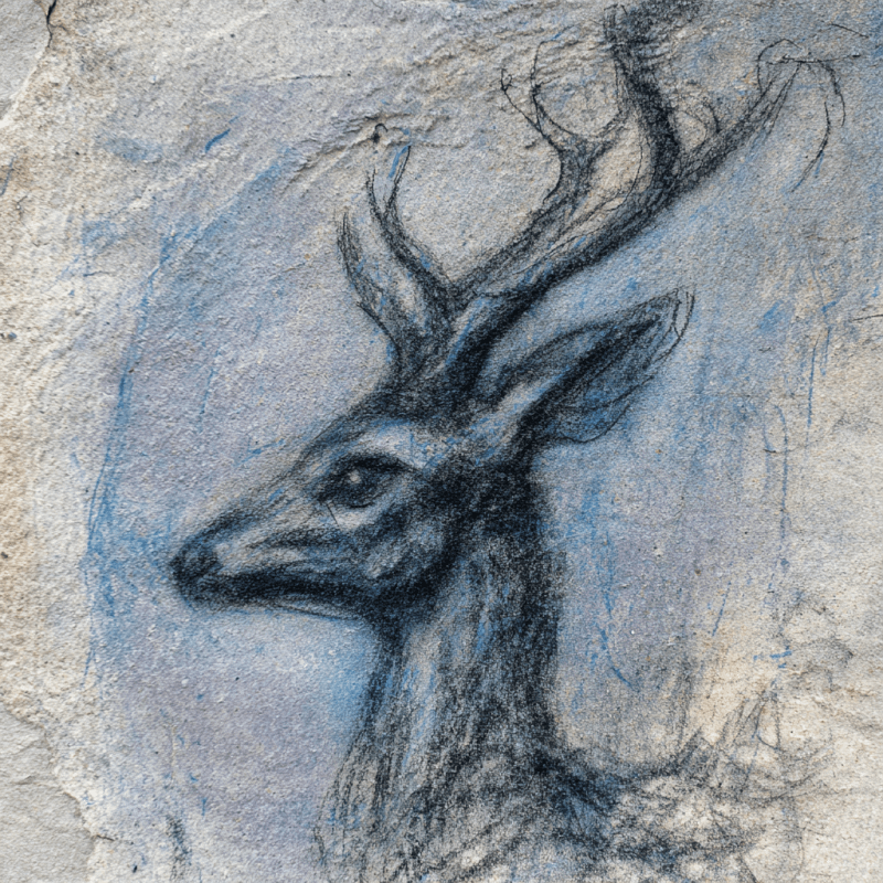 Charcoal sketch of a deer's head with antlers on a textured background featuring blue and earthy tones