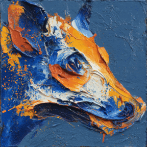 Abstract impasto oil painting of a bull's head in vibrant orange and blue colors with thick, textured brushwork.