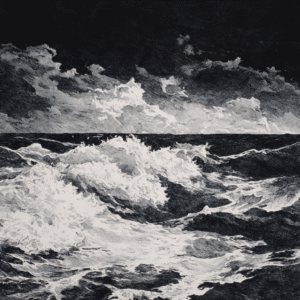 Dramatic black and white ink drawing of a stormy seascape with turbulent waves and cloudy sky.