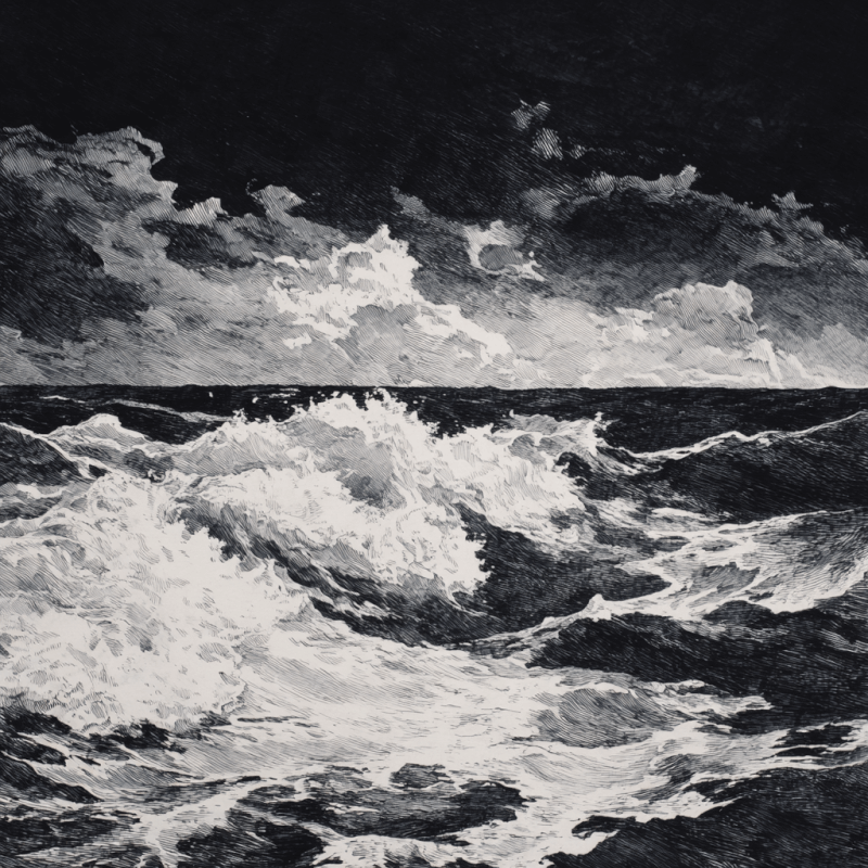 Dramatic black and white ink drawing of a stormy seascape with turbulent waves and cloudy sky.