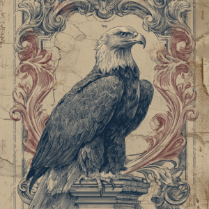 Intricate ink drawing of an eagle perched on an ornate architectural element, surrounded by elaborate flourishes, in a vintage style with a black and white color scheme