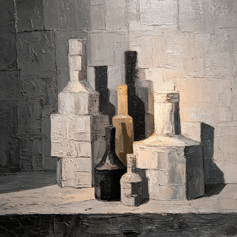 Realistic painting of geometric bottles in a still life arrangement, using impasto technique with high contrast and neutral tones.