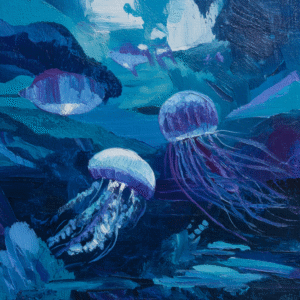Painting of vibrant jellyfish swimming underwater with fluid brushstrokes in various shades of blue and green.