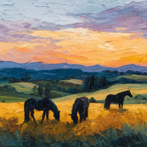 Oil painting of a rural landscape at sunset with three horses grazing in a field, featuring warm orange and green tones.