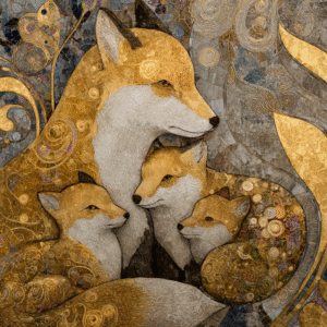 Artwork depicting a family of foxes with intricate golden patterns and swirls in an Art Nouveau style.