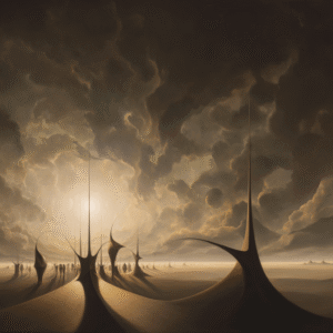Surreal landscape painting with dramatic clouds and tall, pointed structures casting shadows under a sepia-toned sky.