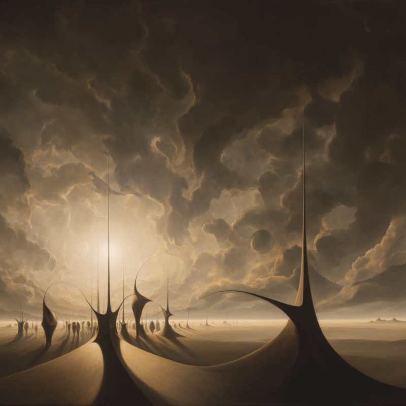 Surreal landscape painting with dramatic clouds and tall, pointed structures casting shadows under a sepia-toned sky.