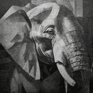 Cubist style monochrome artwork depicting an elephant using geometric shapes and black and white tones.