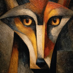 Abstract cubist oil painting of an animal face with bold geometric shapes and vibrant warm tones
