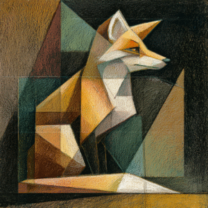 Cubist artwork of a fox composed of geometric shapes in warm tones, featuring abstract and colorful elements.