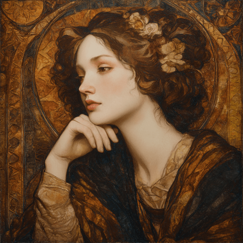 Ethereal Meditation Portrait - Pre-Raphaelite Sepia Pastel in Dante Gabriel Rossetti Style