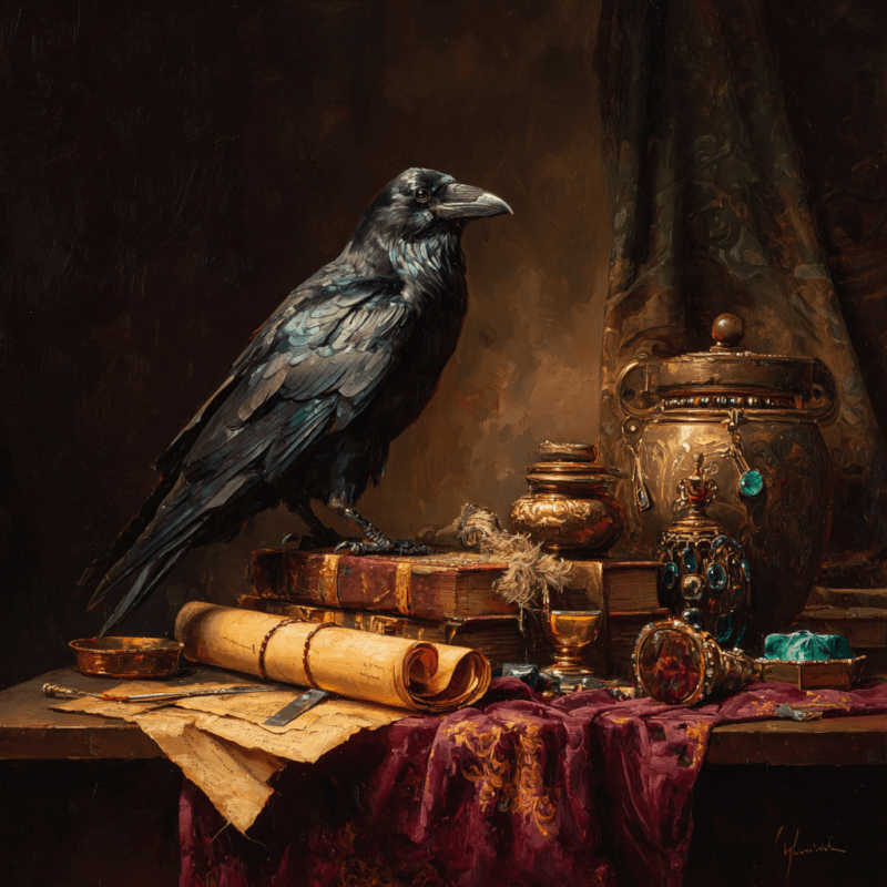 Realistic still life painting of a raven perched on a stack of antique books with ornate vases and scrolls on a draped cloth.