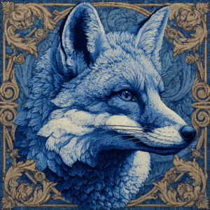 Illustration of a fox in blue tones with ornate floral borders in a vintage style.