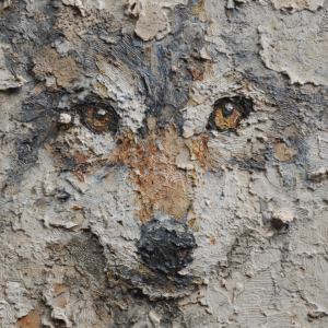 Realistic painting of a wolf face using impasto technique with textured earth tones.