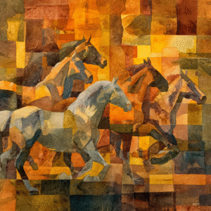 Abstract artwork featuring horses depicted with geometric patterns in warm earth tones.