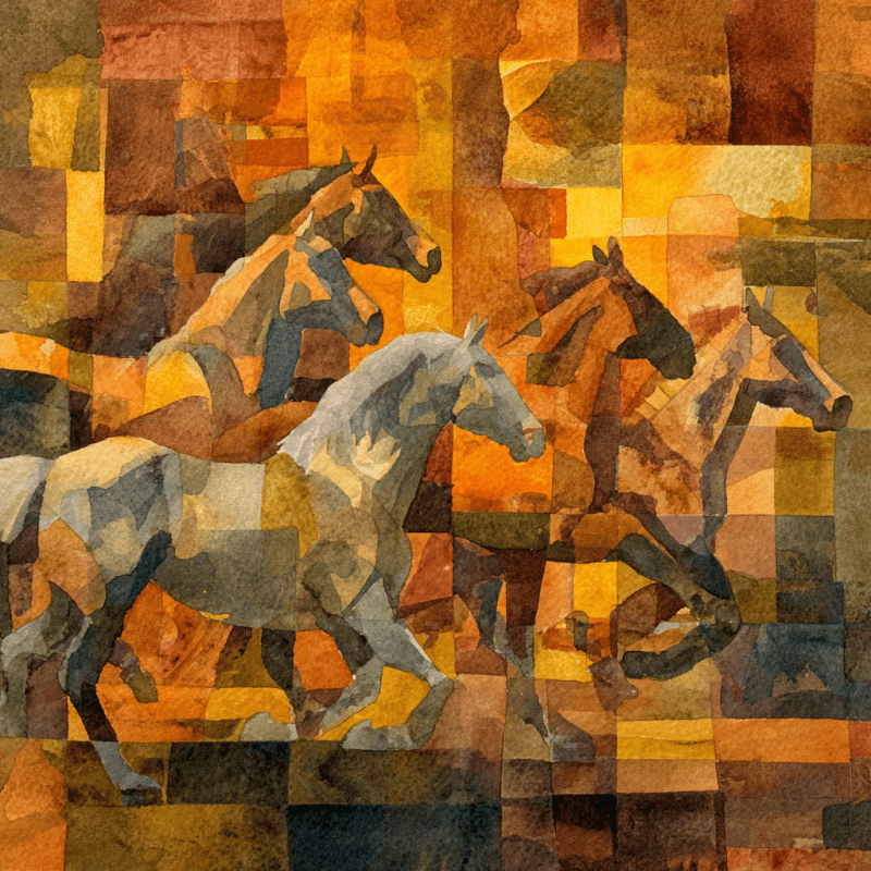 Abstract artwork featuring horses depicted with geometric patterns in warm earth tones.