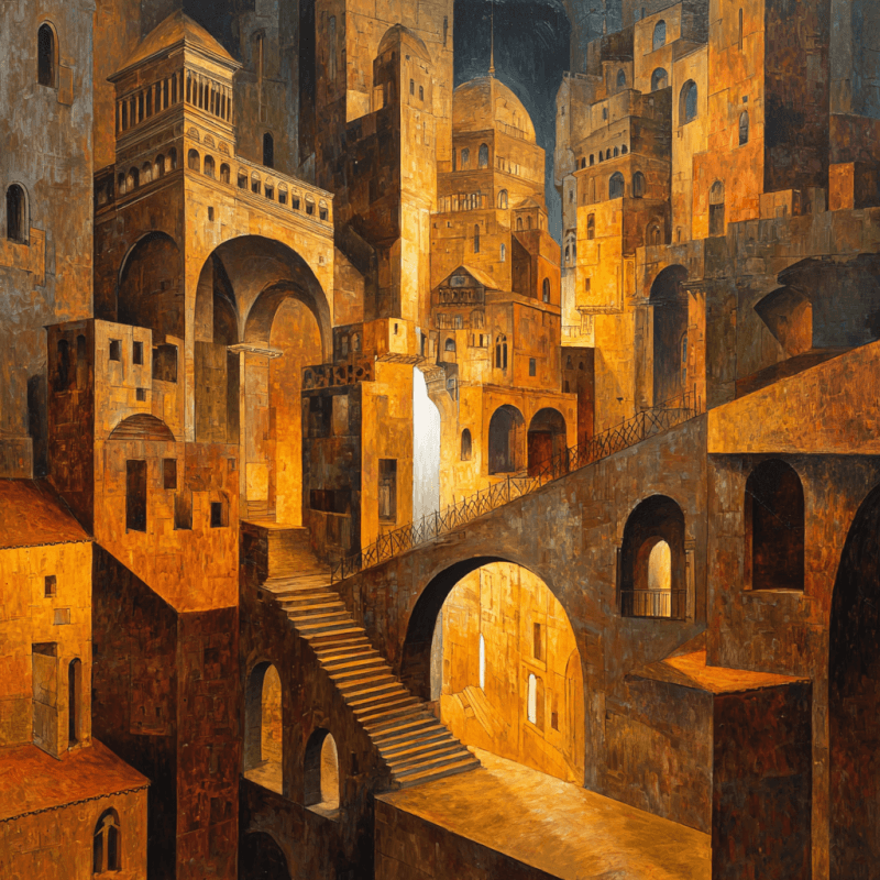 Architectural cityscape painting featuring a labyrinthine blend of arches and structures in warm, earthy tones.