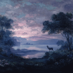 Landscape painting of a serene dusk scene with a deer by a lake, surrounded by trees and a pastel sky.