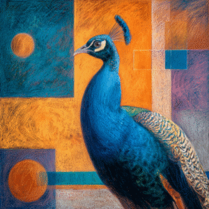 Colorful abstract artwork of a peacock with geometric shapes in vibrant blue and orange tones