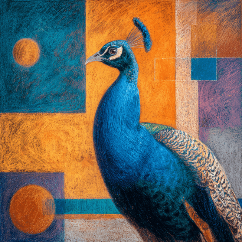 Colorful abstract artwork of a peacock with geometric shapes in vibrant blue and orange tones