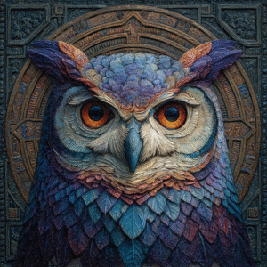 Intricate artwork depicting a colorful owl with vibrant feathers in blue, purple, and orange hues, set against a detailed geometric background.