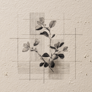 Minimalist botanical drawing featuring black line art of leaves and geometric patterns on a textured background