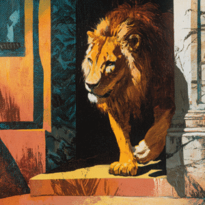 Realistic acrylic painting of a lion stepping out of a shadowed doorway, with warm tones and textured brushwork.