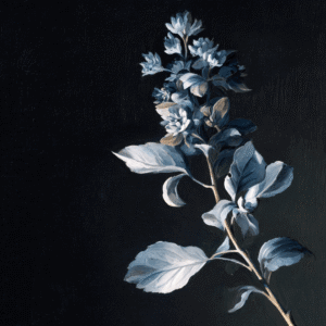 Monochrome oil painting of a single floral stem with leaves and blossoms on a dark background.