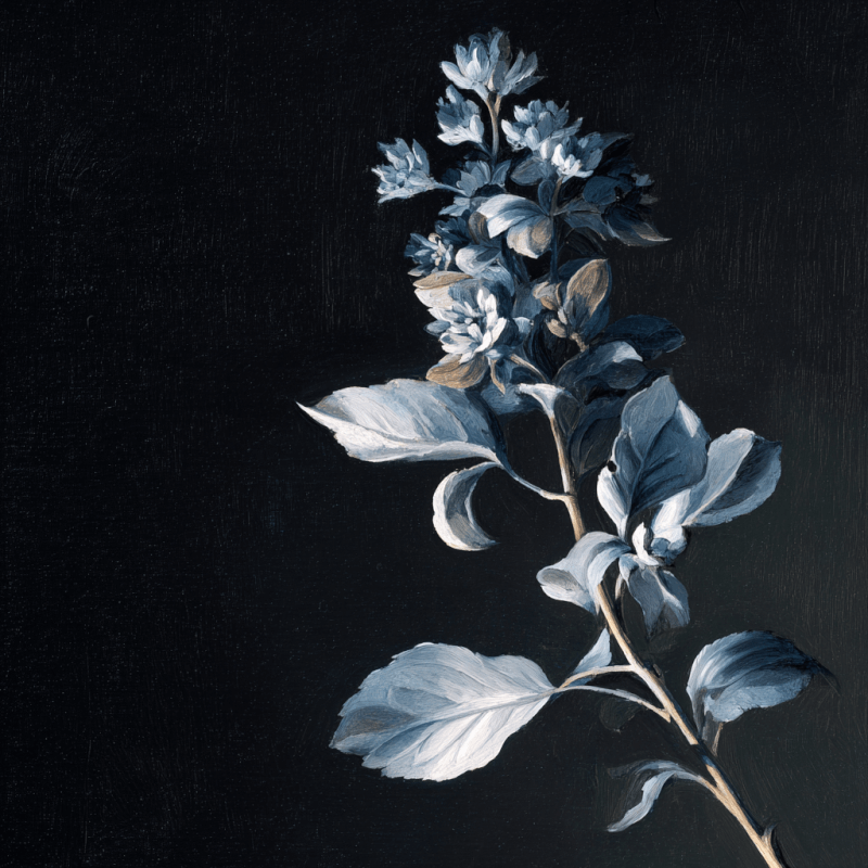 Monochrome oil painting of a single floral stem with leaves and blossoms on a dark background.