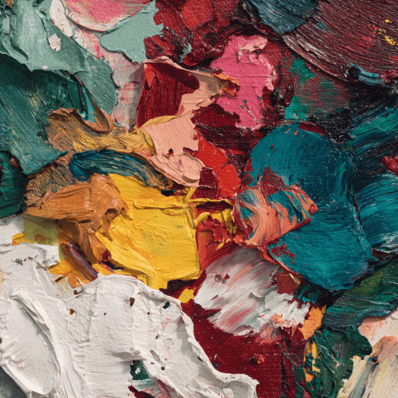 Abstract impasto artwork with thick, vibrant paint swirls in shades of teal, red, yellow, and white.