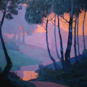 Vibrant impressionist landscape depicting a serene scene of trees at sunset with pink and orange hues, casting reflections on a calm pond.