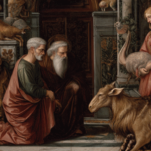 Baroque painting depicting two elderly figures kneeling with a goat, surrounded by intricate architectural details and wildlife.