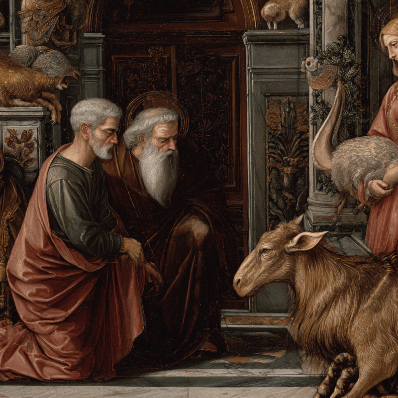 Baroque painting depicting two elderly figures kneeling with a goat, surrounded by intricate architectural details and wildlife.