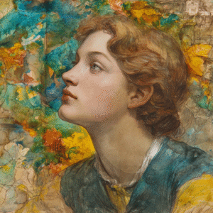 Realistic portrait of a young person looking to the side, surrounded by vibrant splashes of blue, green, and yellow colors.