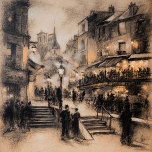A sepia-toned cityscape featuring a bustling street scene with figures walking along cobblestone streets and lit street lamps.