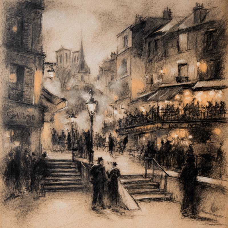 A sepia-toned cityscape featuring a bustling street scene with figures walking along cobblestone streets and lit street lamps.