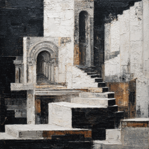 Architectural abstract painting showcasing a monochrome palette with textured impasto depicting geometric structures and arches.