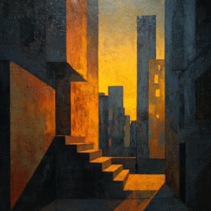Modern cityscape painting with geometric shapes and vibrant orange hues, depicting a staircase and buildings in shadow and light.