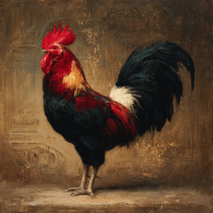 Realistic oil painting of a rooster with vibrant red, black, and white plumage against a textured warm-toned background.