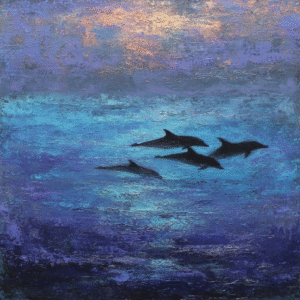 Abstract painting of dolphins swimming in a vibrant blue and purple sea with textured brushstrokes.