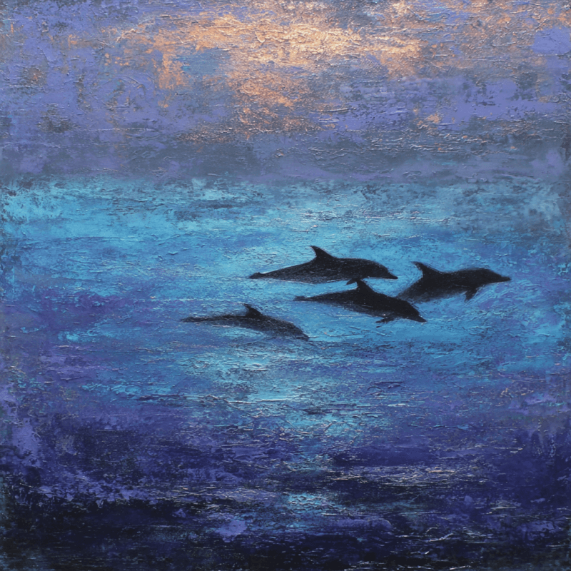 Abstract painting of dolphins swimming in a vibrant blue and purple sea with textured brushstrokes.
