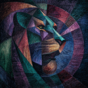 Abstract cubist artwork depicting a lion's face composed of vibrant geometric shapes in various colors including blue, purple, and orange.