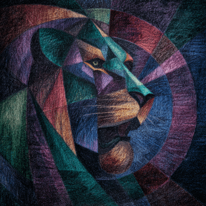 Abstract cubist artwork depicting a lion's face composed of vibrant geometric shapes in various colors including blue, purple, and orange.