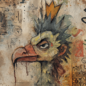 Surrealistic artwork depicting a crowned chicken with graffiti-like elements and earthy tones.