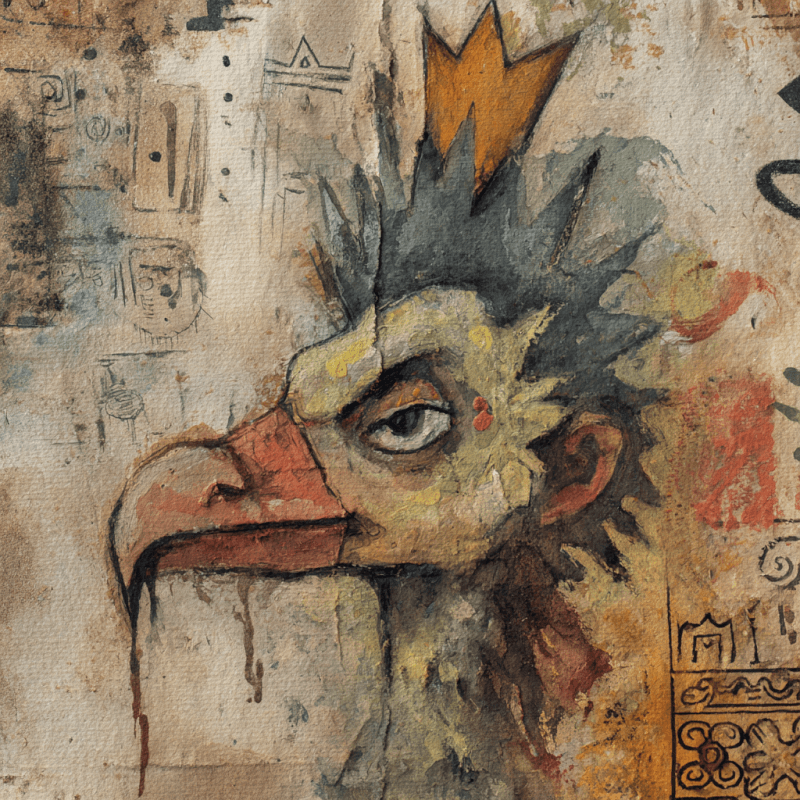 Surrealistic artwork depicting a crowned chicken with graffiti-like elements and earthy tones.