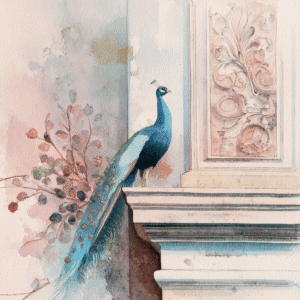 Watercolor painting of a peacock perched on architectural elements with floral and botanical details, rendered in soft pastel hues.