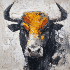 Expressionistic painting of a bull with bright orange and black tones, using thick impasto technique