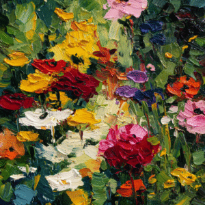 Expressive impasto oil painting depicting a vibrant and colorful array of flowers with bold brushstrokes.