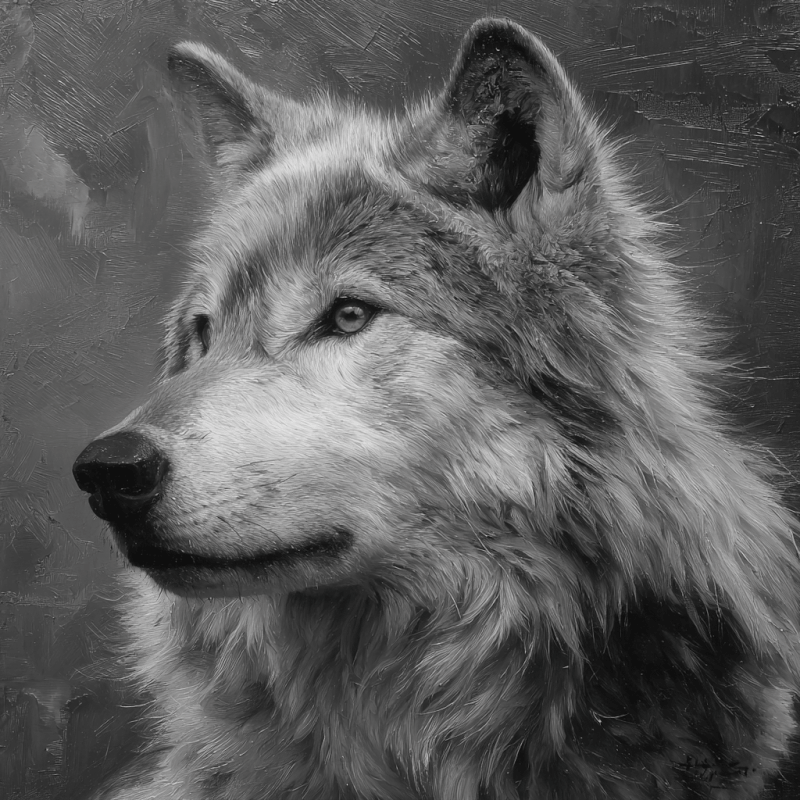 Realistic black and white oil painting of a wolf's head with detailed fur texture and an expressive gaze