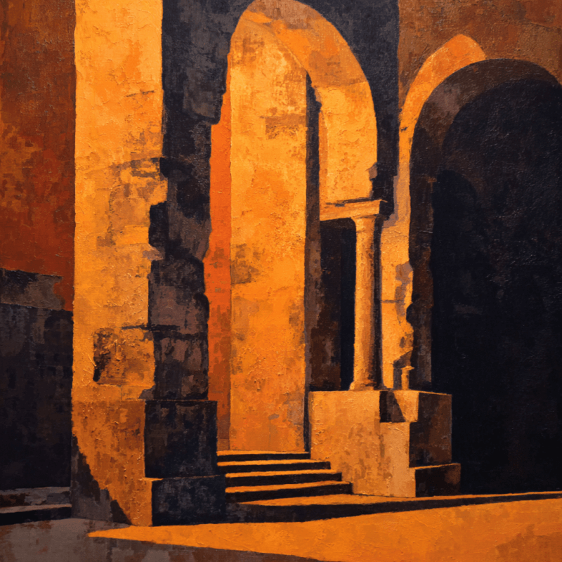 Ancient Shadows: Impressionist Architectural Study in Tenebrism